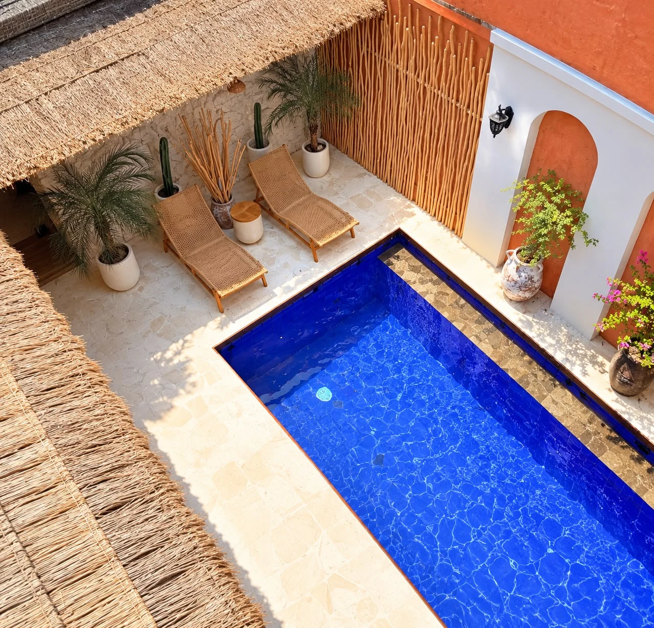 Blue courtyard pool viewed from above