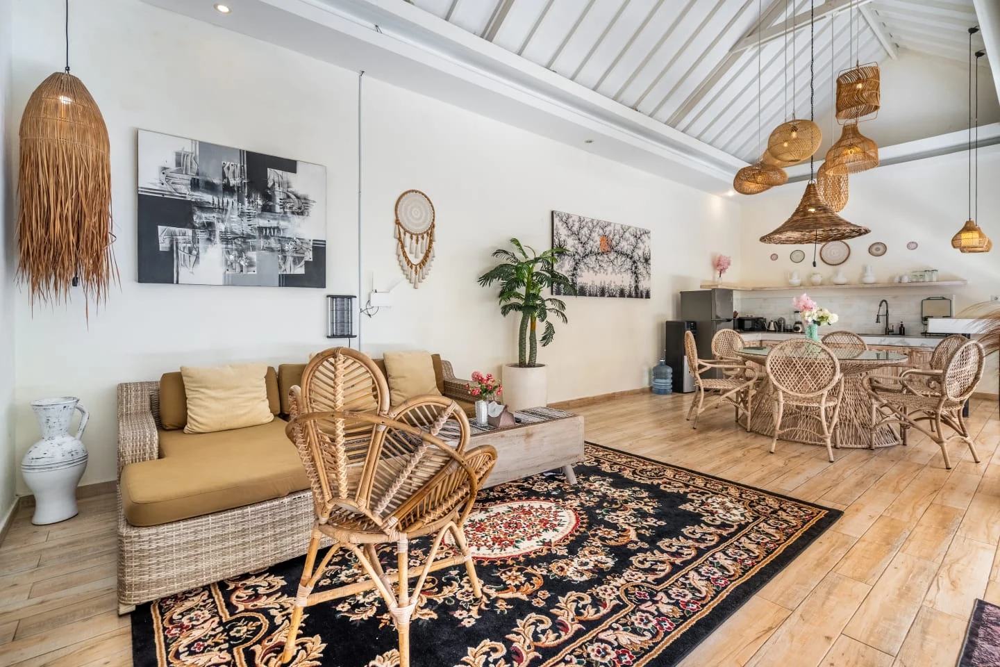 Open lounge and dining space with natural furnishings